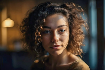 Pensive young woman with curly hair standing in living room in daylightの素材