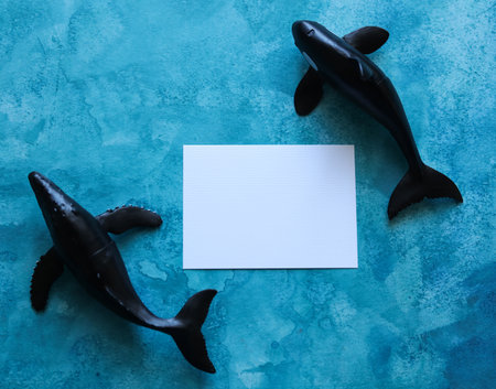 a blank paper card framed with toy whales on a blue watercolor backgroundの写真素材