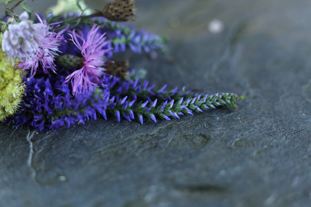 purple cornflowers on black stone background with copyspace