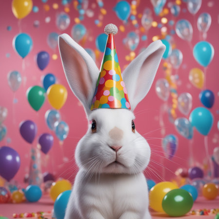 Cute funny bunny with birthday hat and colorful balloons on color backgroundの素材
