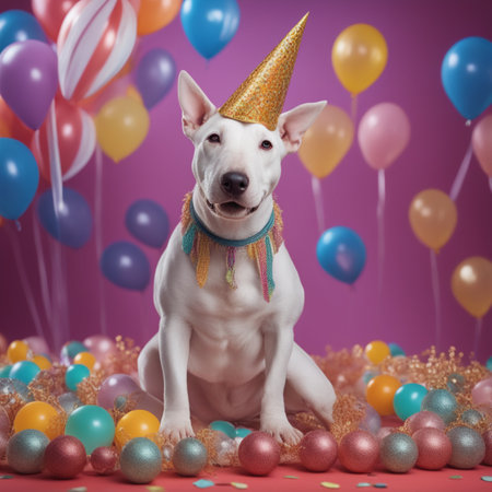 White bull terrier dog in a party hat on a background of balloons and confettiの素材