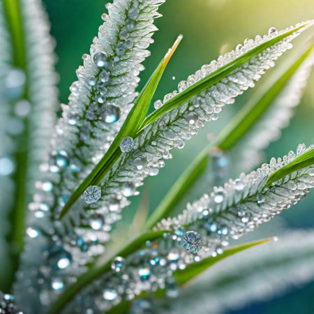 Close-up of frost on a blade of grass.の素材