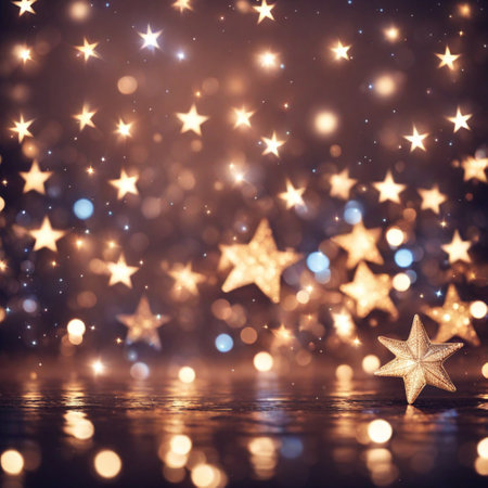 Christmas background with golden stars and bokeh lights.の素材