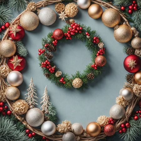 Christmas wreath decoration with evergreen branches, poinsettia and pine conesの素材