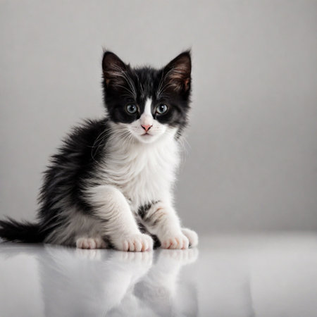 Cute little kitten with blue eyes on gray backgroundの素材