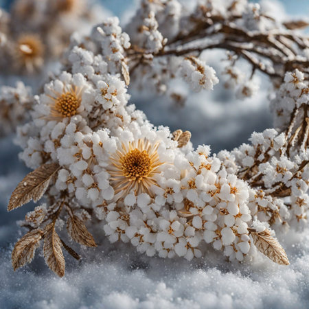 Christmas wreath with white flowers and snow on bokeh backgroundの素材