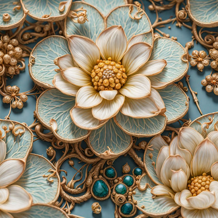 Beautiful floral background with flowers and pearls. Close-up.の素材
