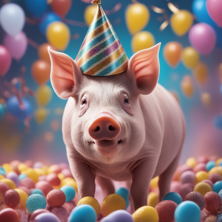 Cute little pig in party hat on background of colorful candiesの素材