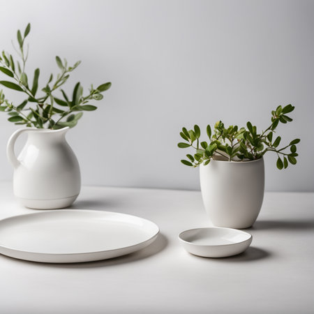 Empty white plate, cutlery and napkin on white backgroundの素材