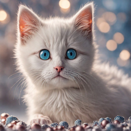 Beautiful cat in the snow on a background of winter forest.の素材