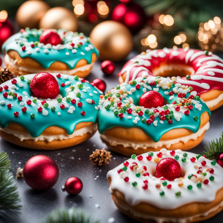 still life with delicious glazed donuts on black backgroundの素材
