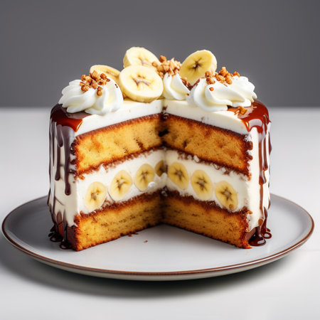 Cake with banana and chocolate glaze on a gray background.の素材