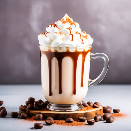 Hot chocolate drink with whipped cream and coffee beans on a gray backgroundの素材