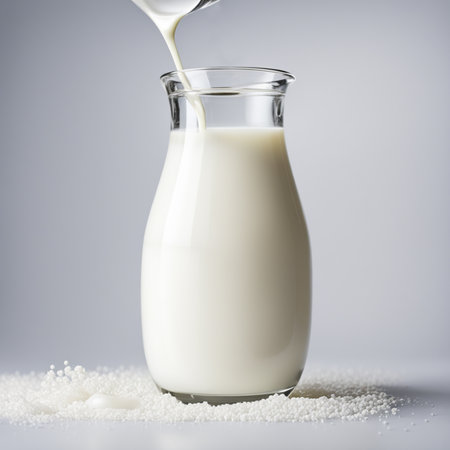 Pouring milk into a glass jug with sugar on a gray backgroundの素材