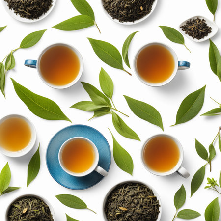 Tea composition. Tea leaves and cups on white background, top viewの素材