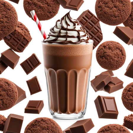 Iced chocolate milkshake with whipped cream and cocoa powder on white backgroundの素材
