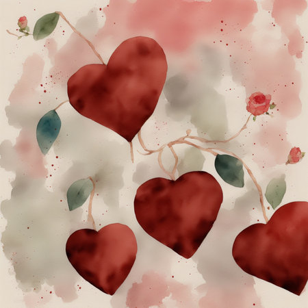 Watercolor valentine background with hearts and flowersの素材
