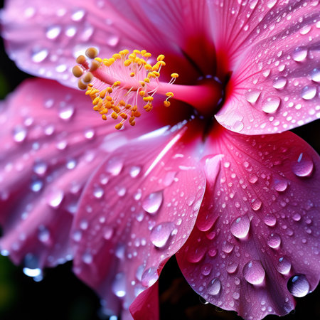 Close up of pink hibiscus flower with water drops.の素材