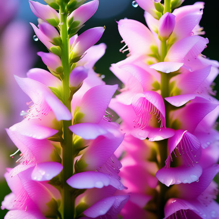 Bouquet of pink foxglove flowers with water drops.の素材