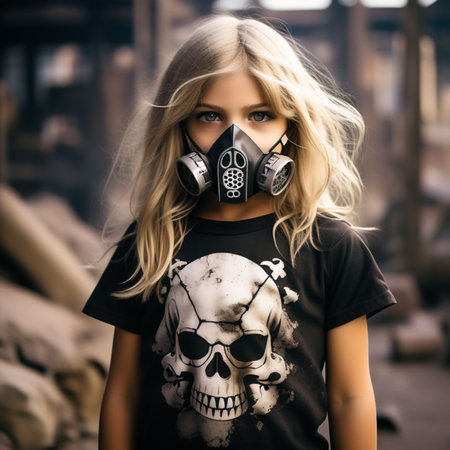 Portrait of a girl in a gas mask on the background of an abandoned factory.の素材