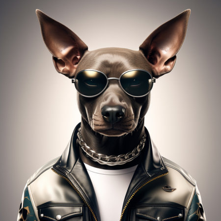 Fashion portrait of a dog wearing leather jacket and sunglasses. Studio shot.の素材