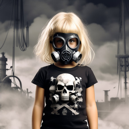 Portrait of a girl in a gas mask on the background of an abandoned factory.の素材