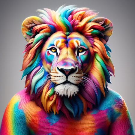 Colorful portrait of a lion in a colorful coat. Studio shot.の素材