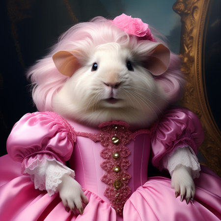 cute white guinea pig in a pink dress sitting on a chairの素材