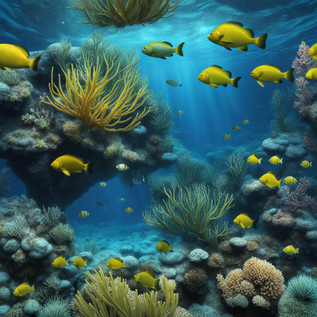 Underwater world with tropical fish and corals. 3d renderingの素材