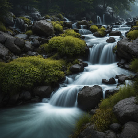 Mountain river in the forest. Mountain landscape with a waterfall.の素材