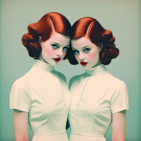 Portrait of two beautiful women in retro style. Retro fashion.の素材