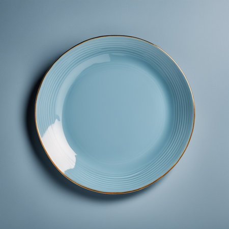 Empty plate on blue background. Minimal style. 3d renderingの素材