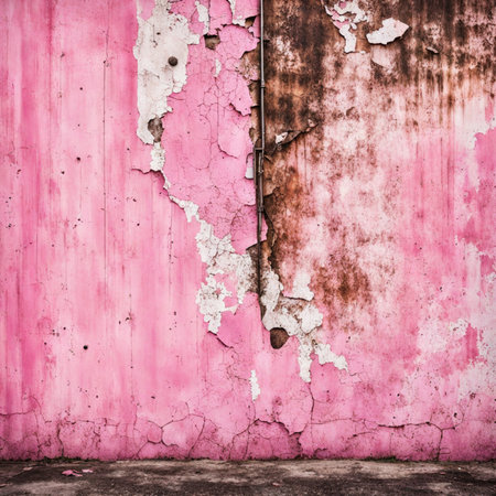 Grunge pink wall with peeling paint, background texture.の素材