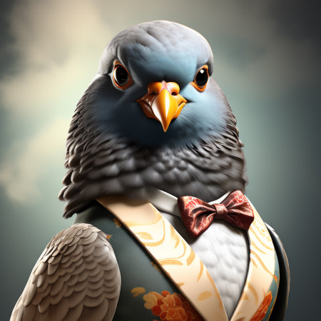 Portrait of a pigeon in a ball suit with a bow tieの素材