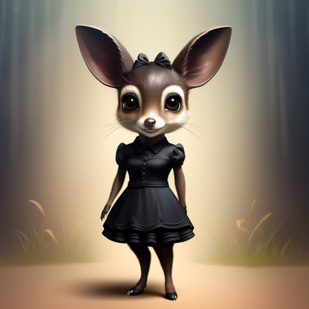 Portrait of a cute little chevrotain deer in a black dress on a gray backgroundの素材