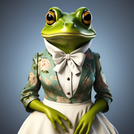 Frog in a retro dress and bow tie, 3d renderの素材