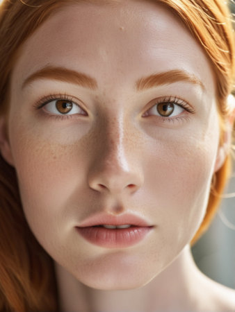 Close-up portrait of a beautiful red-haired girl with frecklesの素材