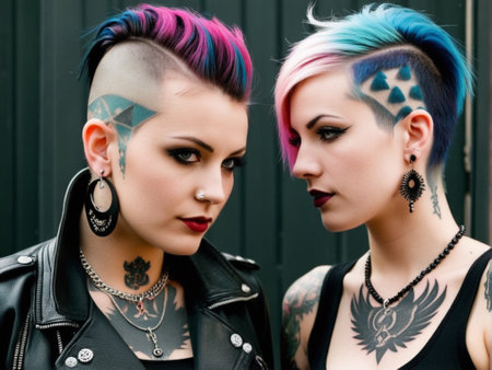 Portrait of two beautiful punk girls with colorful hairの素材