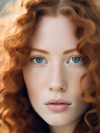 Close-up portrait of a beautiful red-haired girl with frecklesの素材
