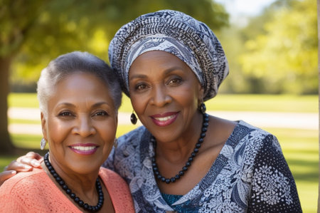Portrait of smiling black senior women in park on a sunny dayの素材