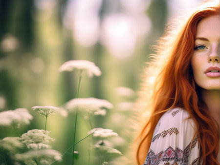 Close up portrait of beautiful redhead girl with natural make-upの素材