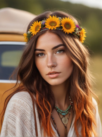 Close up portrait of a beautiful young hippie girl with brown hair wearing an Indian headdressの素材