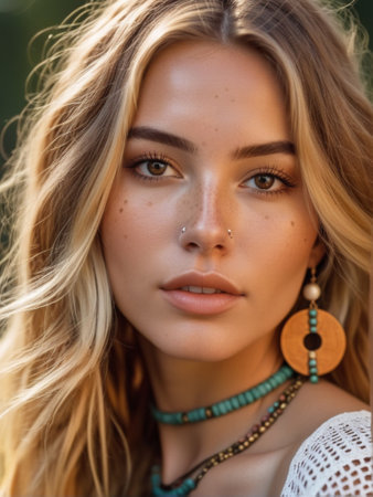 Portrait of a beautiful blonde girl with long hair in a boho style.の素材