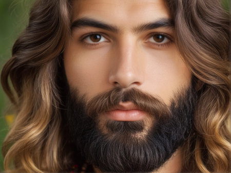 Portrait of a young hippie man with long hair and a beardの素材