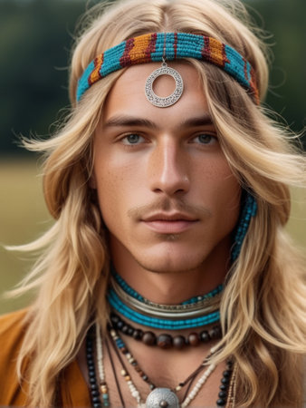 Portrait of a handsome man with long blond hair and beard wearing hippy costumeの素材