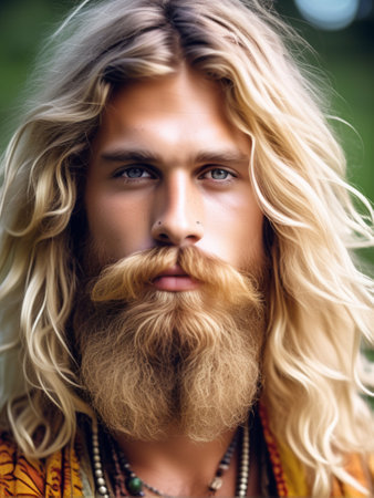 Portrait of a handsome young man with long blond hair and a beardの素材