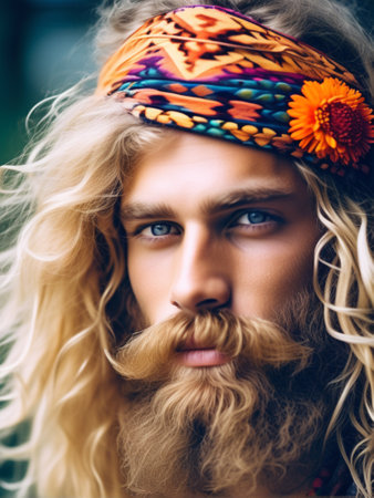 Portrait of a handsome man with long blond hair and beard wearing hippy costumeの素材