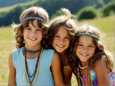 Portrait of hippie children in the field looking at camera smilingの素材