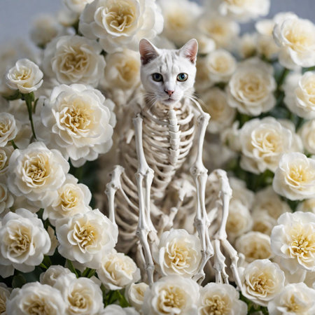 Skeleton of a cat with blue eyes and white flowers on a gray backgroundの素材
