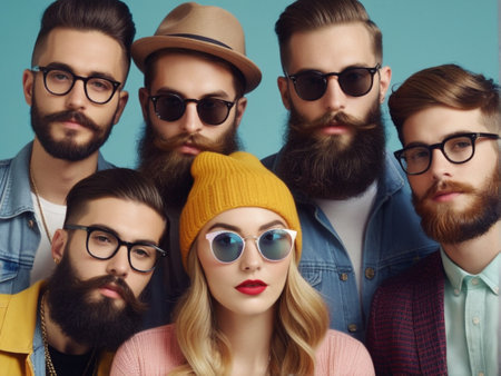 Group of hipster men and women standing in a row on the streetの素材